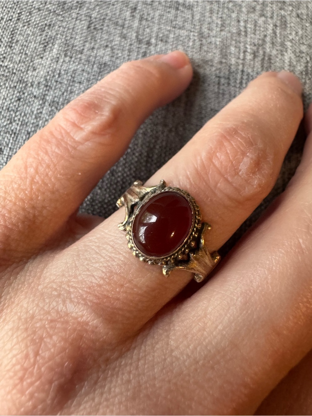 90s Vintage Sterling Silver Carnelian Ring - Gothic Victorian Revival Style sz7